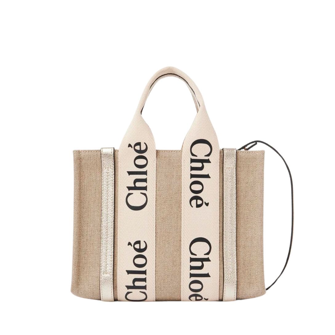 CHLOE SMALL WOODY TOTE BAG WITH STRAP LIGHT GOLD