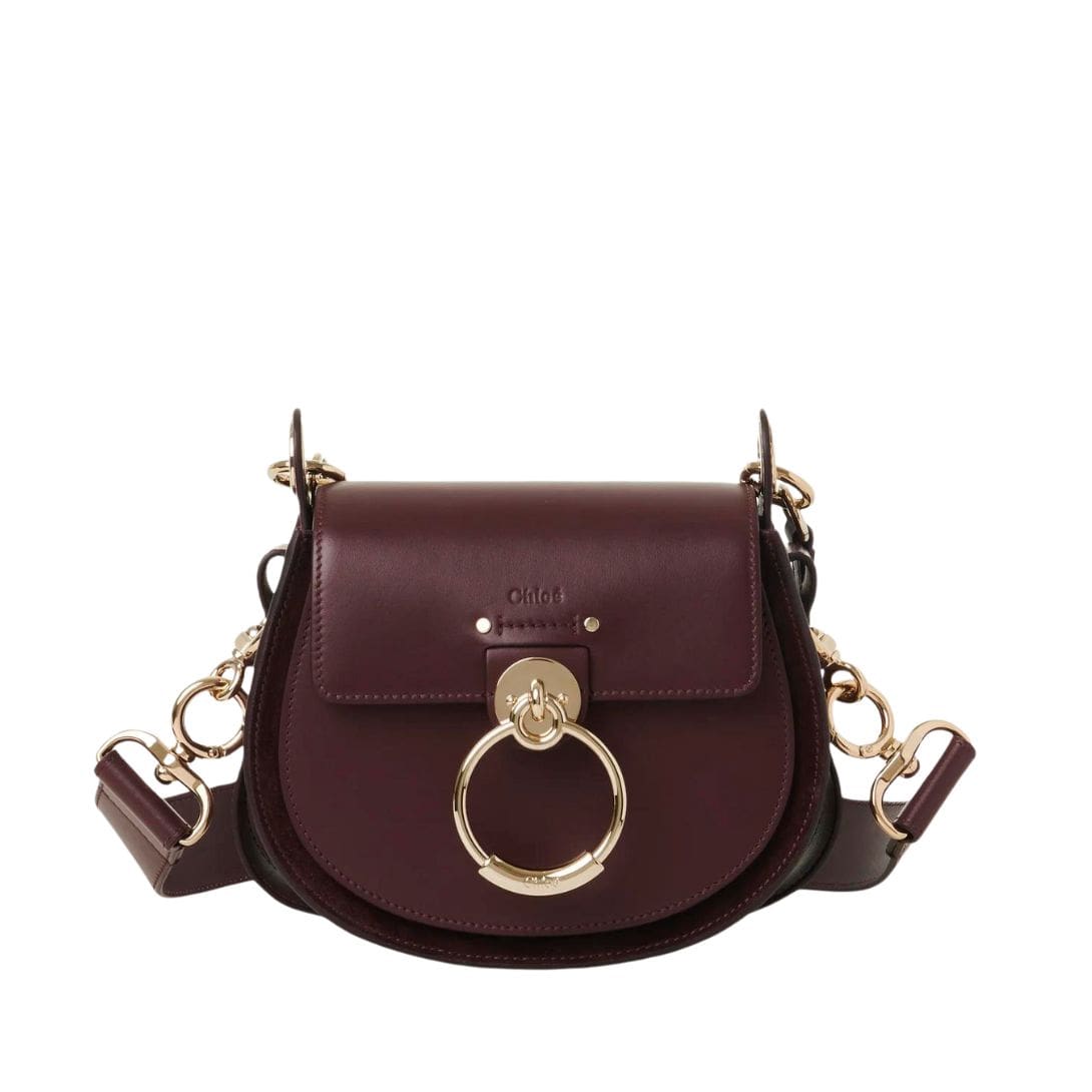 CHLOE SMALL TESS BAG IN SHINY & SUEDE LEATHER BURNT BROWN