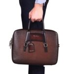 SANTONI BROWN EMBOSSED LEATHER BRIEFCASE