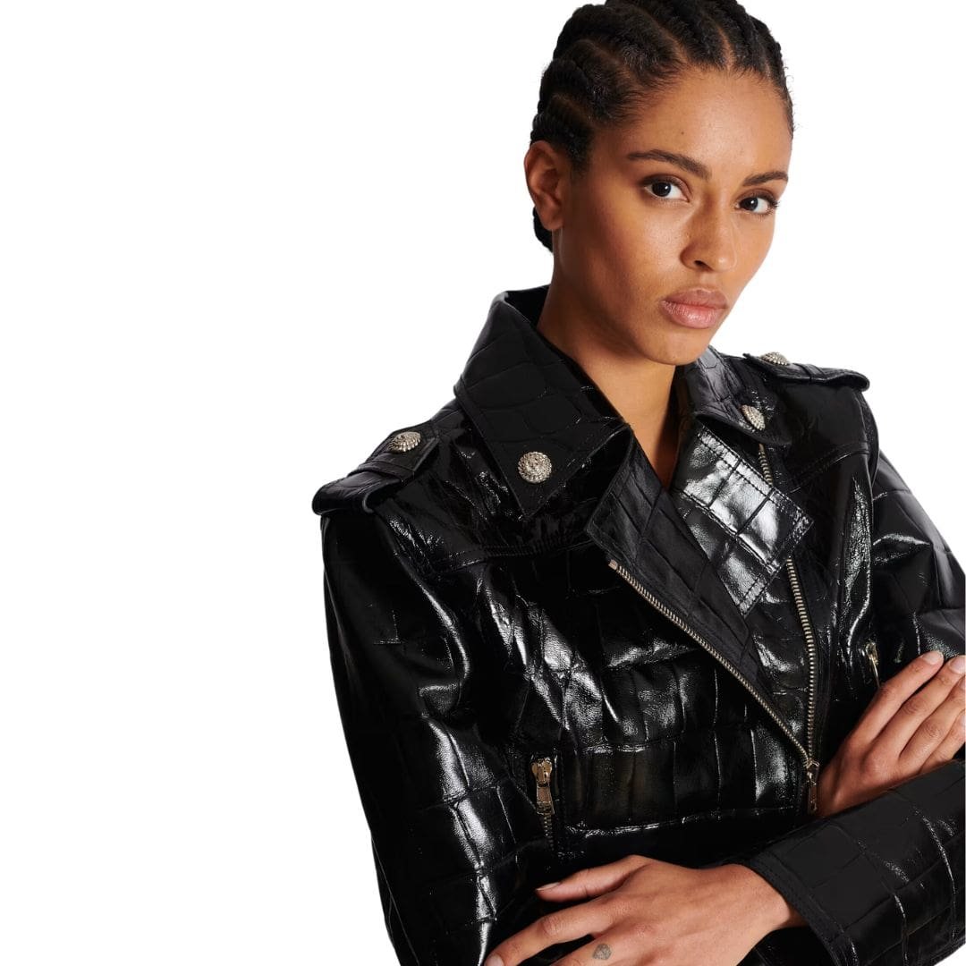 BALMAIN  CROCODILE EFFECT LEATHER BIKER JACKET