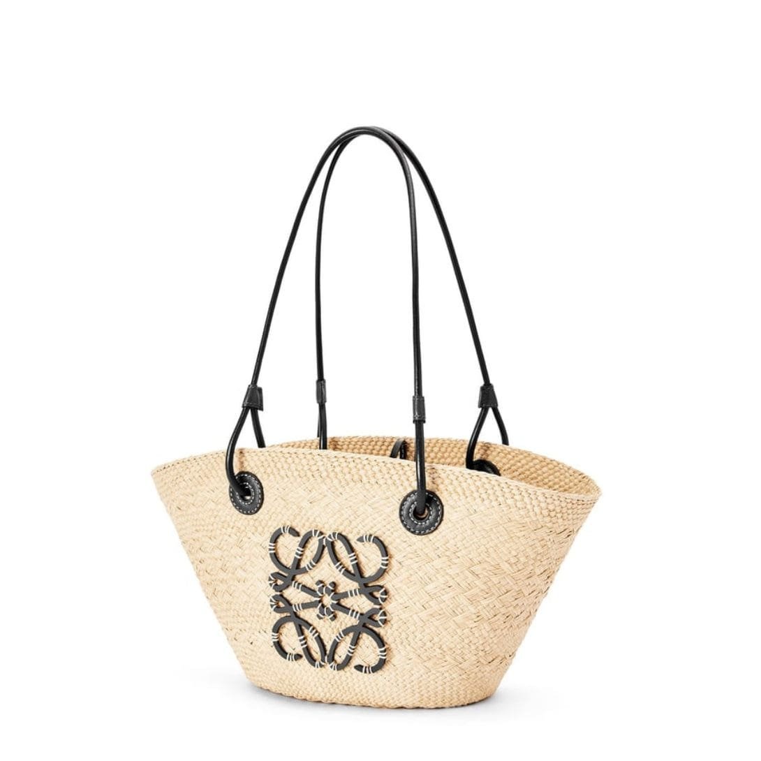 LOEWE SMALL ANAGRAM BASKET BAG IN IRACA PALM AND CALFSKIN