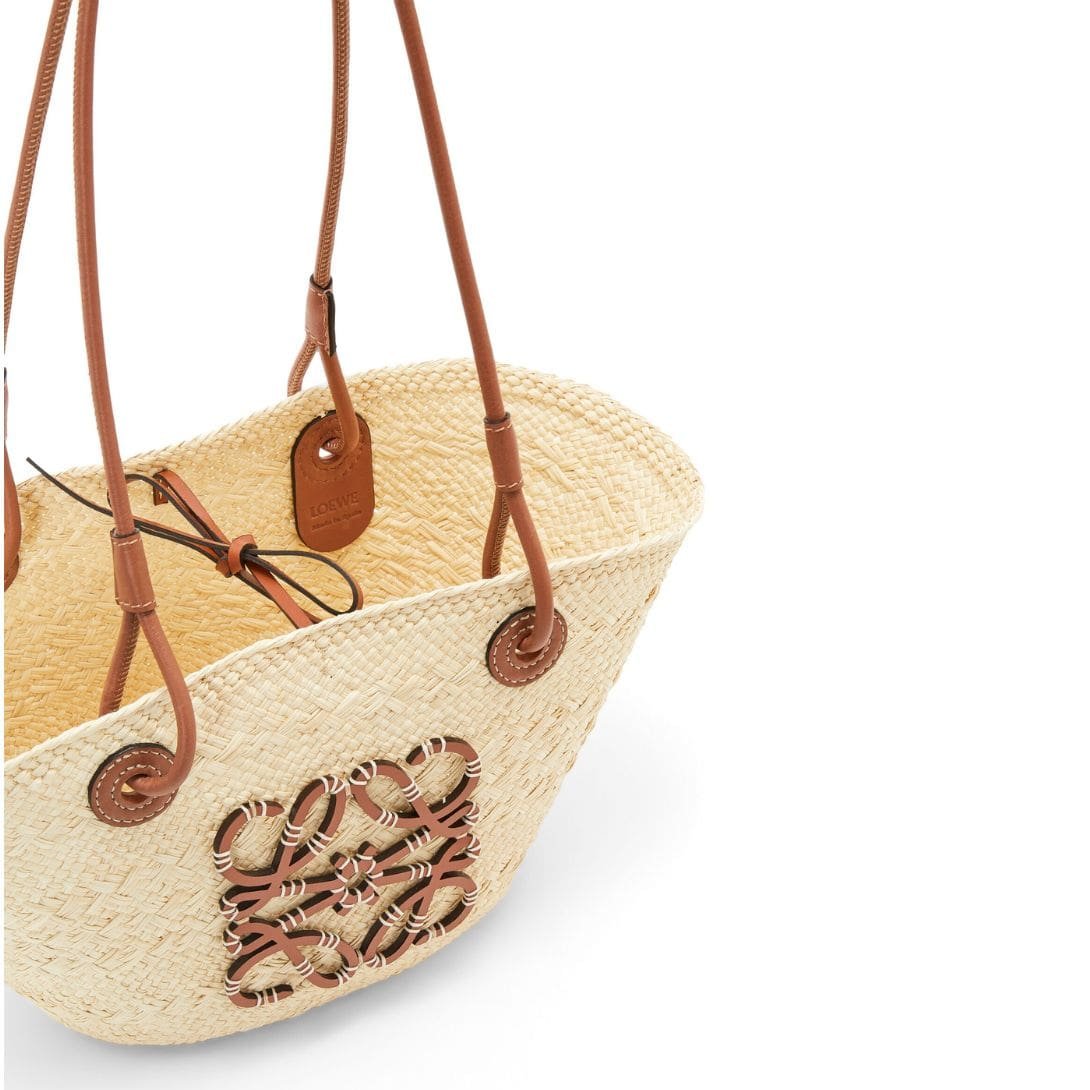 LOEWE SMALL ANAGRAM BASKET BAG IN IRACA PALM AND CALFSKIN