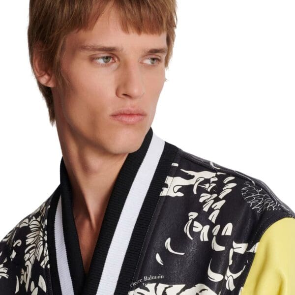  BALMAIN LEATHER VARSITY JACKET WITH TIGER PRINT