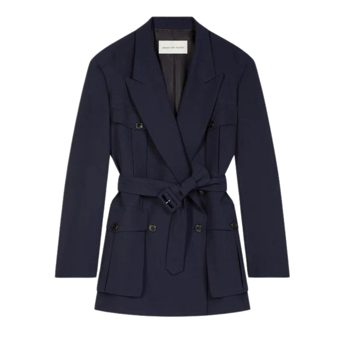 DRIES VAN NOTEN OVERSIZED BELTED COAT NAVY