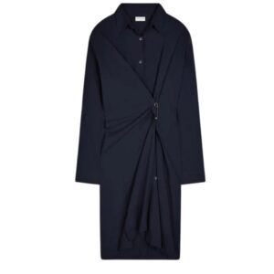 DRIES VAN NOTEN DRAPED COTTON DRESS NAVY