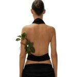 MAGDA BUTRYM COWL NECK JERSEY HALTER TOP IN BLACK