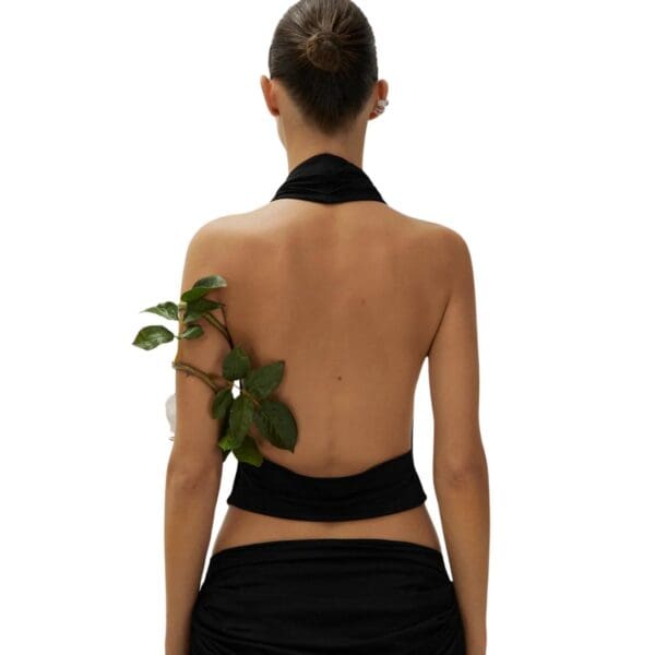MAGDA BUTRYM COWL NECK JERSEY HALTER TOP IN BLACK