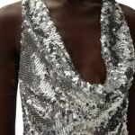 MAGDA BUTRYM COWL NECK SEQUIN TOP IN SILVER