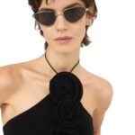 MAGDA BUTRYM FLORAL APPLIQUE JERSEY TIE NECK TOP IN BLACK