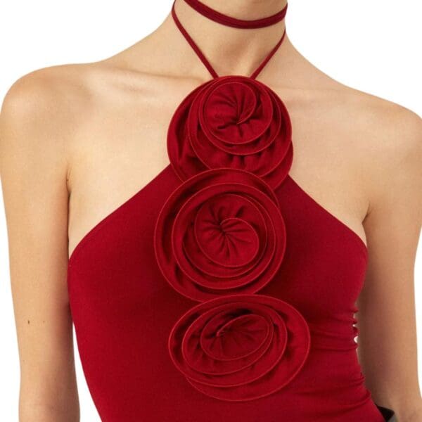 MAGDA BUTRYM FLORAL APPLIQUE JERSEY TIE NECK TOP IN DARK RED