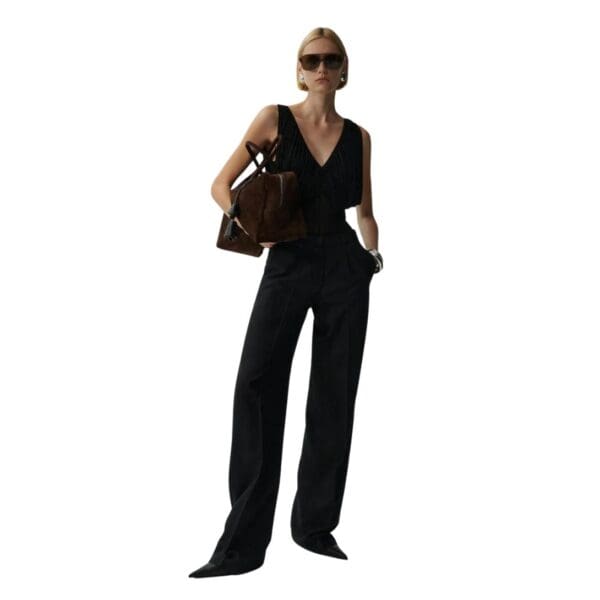 MAGDA BUTRYM RUCHED V NECK BODYSUIT IN BLACK