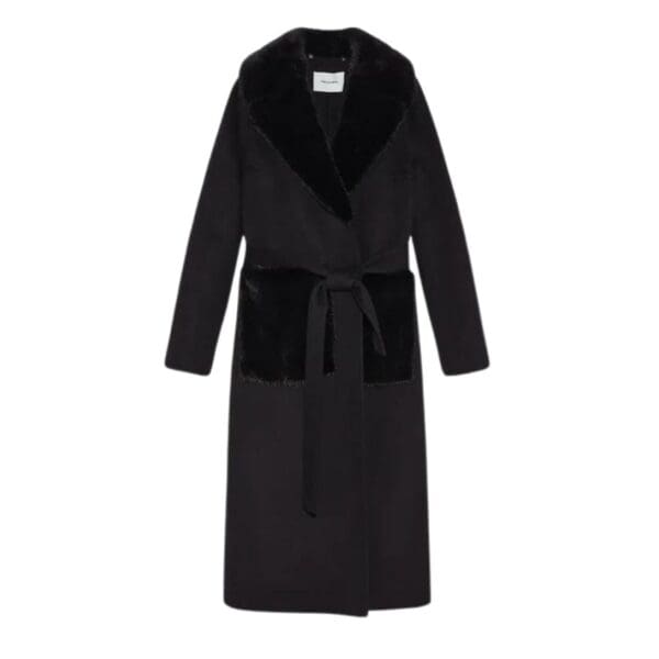 YVES SALOMON BELTED COAT IN CASHMERE WOOL WITH MINK FUR COLLAR AND OVER-POCKETS