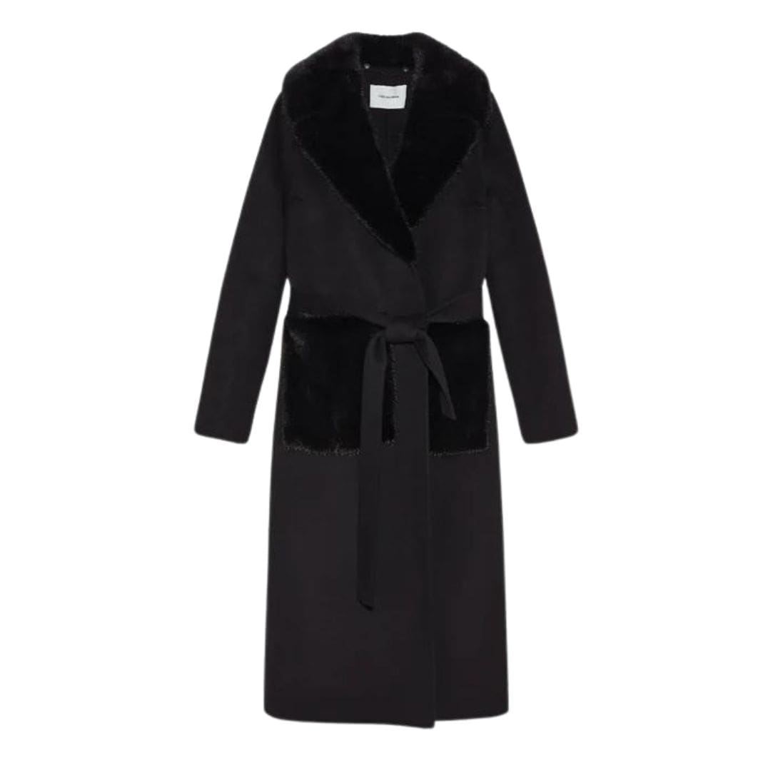 YVES SALOMON BELTED COAT IN CASHMERE WOOL WITH MINK FUR COLLAR AND OVER-POCKETS