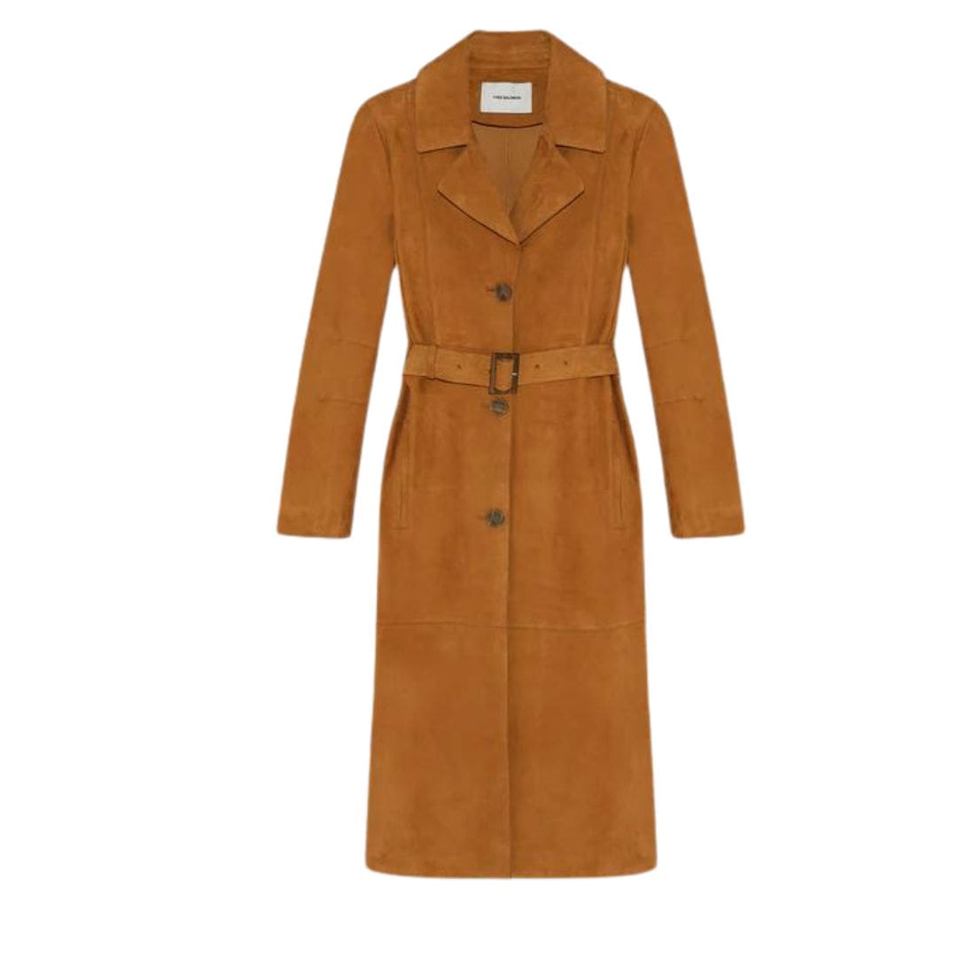YVES SALOMON LONG BELTED COAT IN DOUBLE-SIDED VELOUR LAMB LEATHER