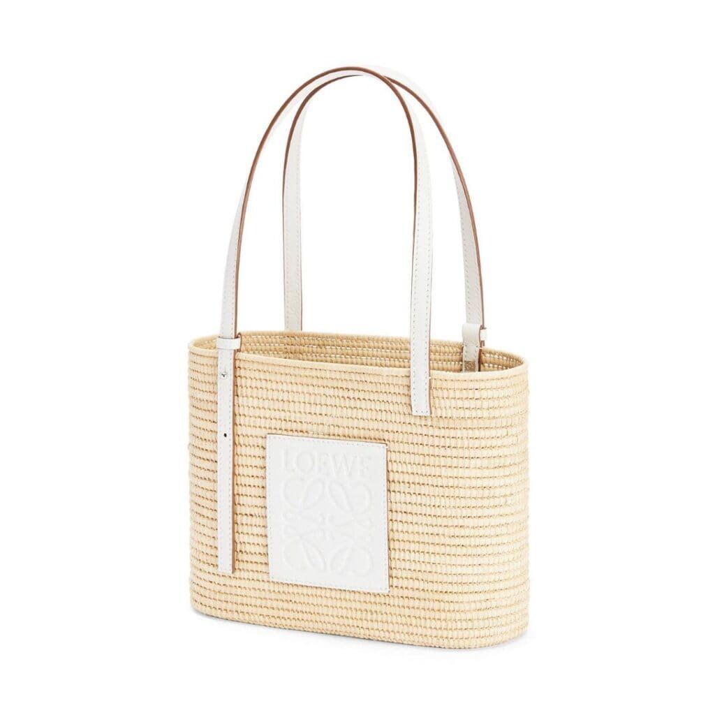 LOEWE SMALL SQUARE BASKET BAG IN RAFFIA AND CALFSKIN