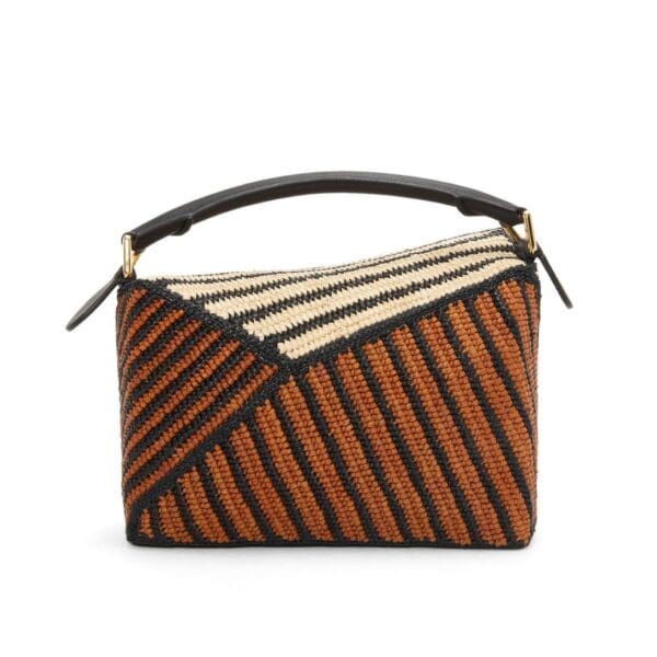 LOEWE SMALL PUZZLE EDGE BAG IN RAFFIA AND CALFSKIN