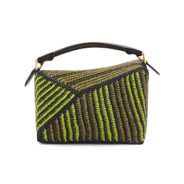 LOEWE SMALL PUZZLE EDGE BAG IN RAFFIA AND CALFSKIN