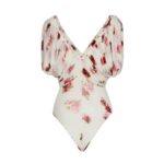 MAGDA BUTRYM RUCHED V NECK BODYSUIT IN CREAM PRINT