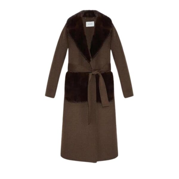 YVES SALOMON BELTED COAT IN CASHMERE WOOL WITH MINK FUR COLLAR AND OVER-POCKETS