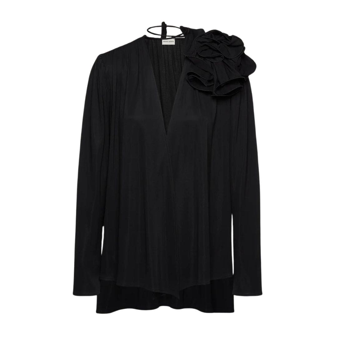 MAGDA BUTRYM CLASSIC JERSEY SHIRRED FLOWER BLOUSON IN BLACK