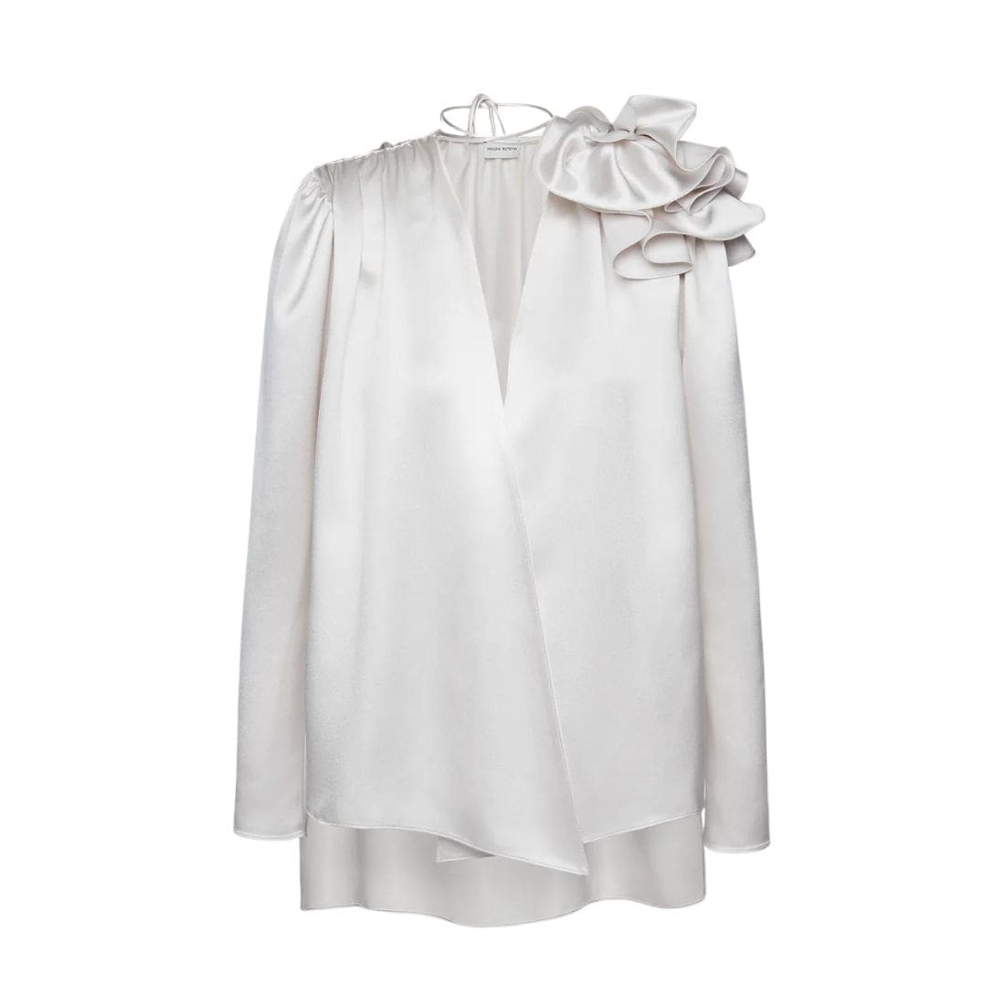 MAGDA BUTRYM CLASSIC SILK FLOWER BLOUSE IN WHITE