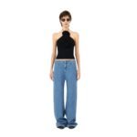 MAGDA BUTRYM FLORAL APPLIQUE JERSEY TIE NECK TOP IN BLACK