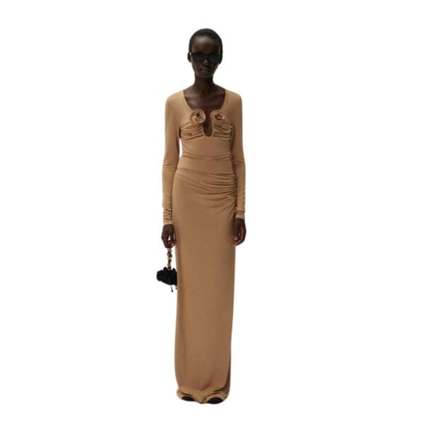 MAGDA BUTRYM LONG SLEEVE FLORAL APPLIQUE JERSEY TOP IN BEIGE