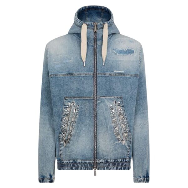 DSQUARED2 LIGHT SUPER SOFT WASH DENIM DIAMONDS HOODIE JACKET