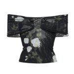 MAGDA BUTRYM OFF SHOULDER MESH TOP IN BLACK PRINT
