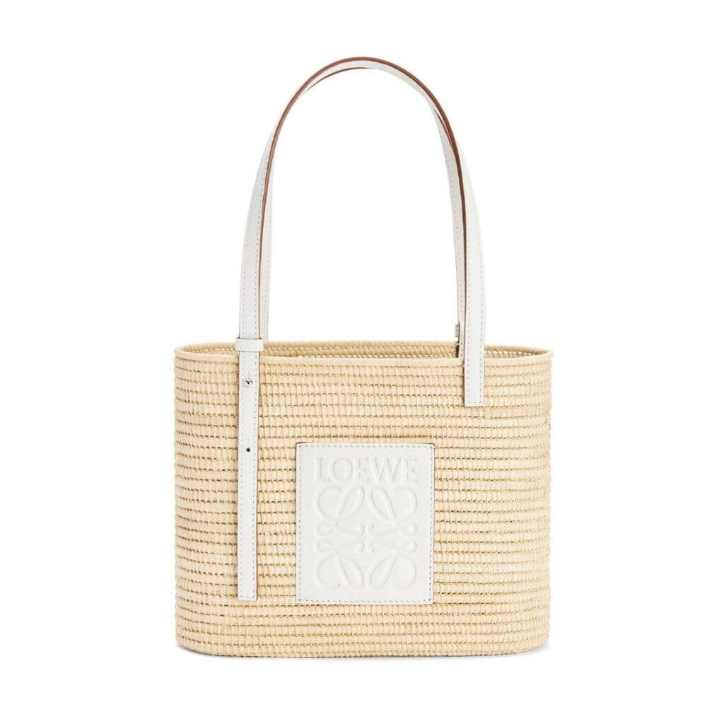 LOEWE SMALL SQUARE BASKET BAG IN RAFFIA AND CALFSKIN