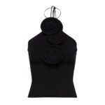 MAGDA BUTRYM FLORAL APPLIQUE JERSEY TIE NECK TOP IN BLACK