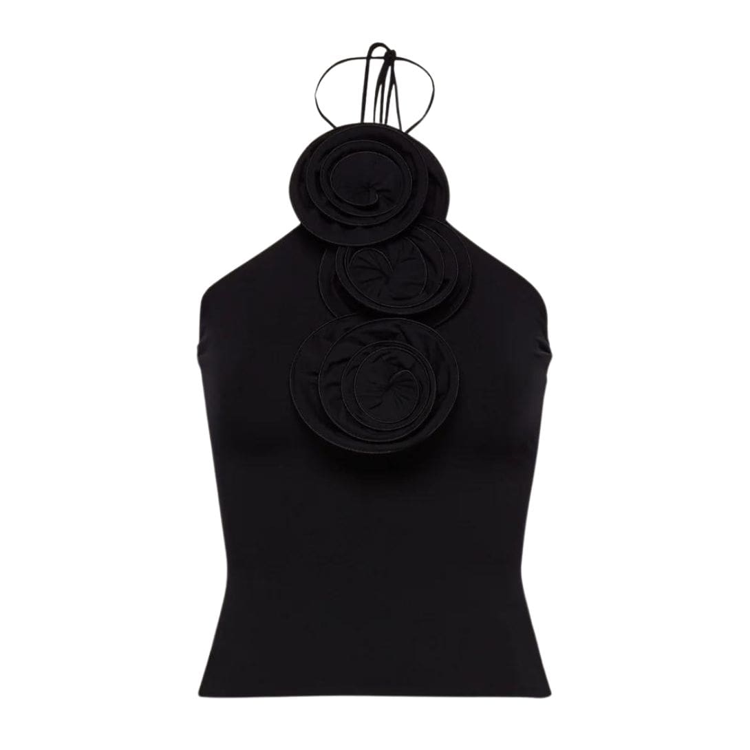 MAGDA BUTRYM FLORAL APPLIQUE JERSEY TIE NECK TOP IN BLACK