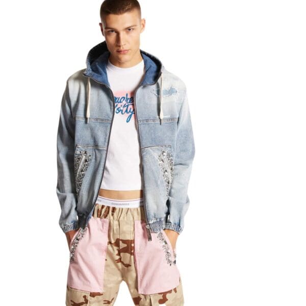 DSQUARED2 LIGHT SUPER SOFT WASH DENIM DIAMONDS HOODIE JACKET