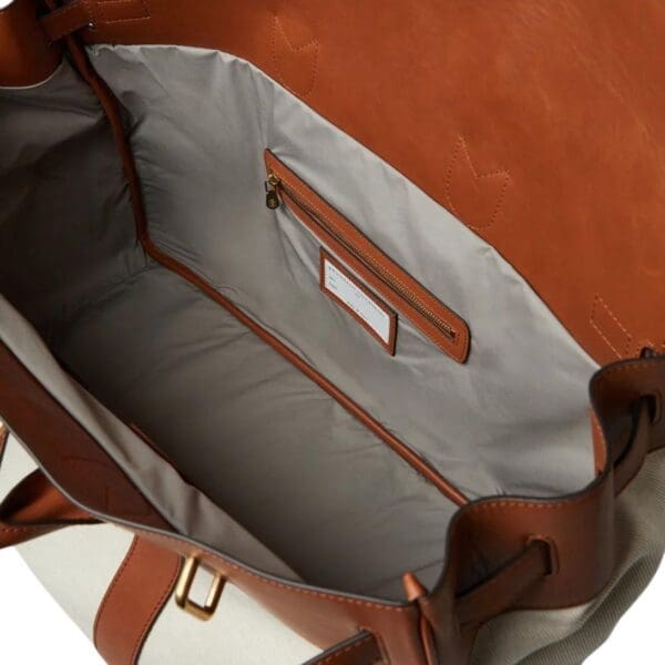 BRUNELLO CUCINELLI COTTON AND LINEN CAVALRY AND CALFSKIN COUNTRY WEEKENDER BAG