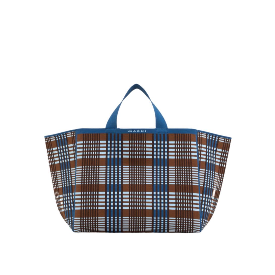 MARNI BLUE AND BROWN JACQUARD CHECK SILLO MEDIUM SHOPPER