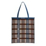 MARNI BLUE AND BROWN JACQUARD CHECK FLAT TOTE BAG