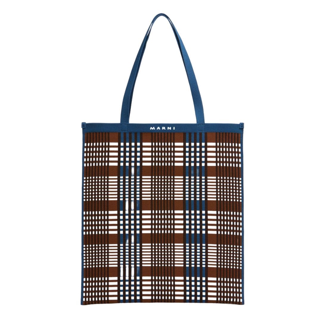 MARNI BLUE AND BROWN JACQUARD CHECK FLAT TOTE BAG