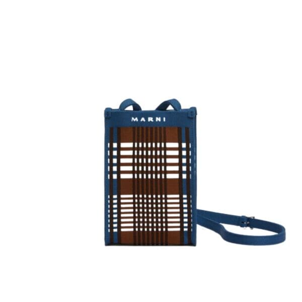 MARNI BLUE AND BROWN JACQUARD CHECK MINI SHOULDER BAG