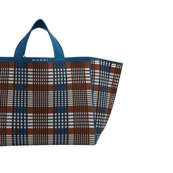MARNI BLUE AND BROWN JACQUARD CHECK SILLO MEDIUM SHOPPER