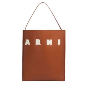 MARNI BROWN AND WHITE LEATHER MUSEO HOBO BAG WITH PATCHES