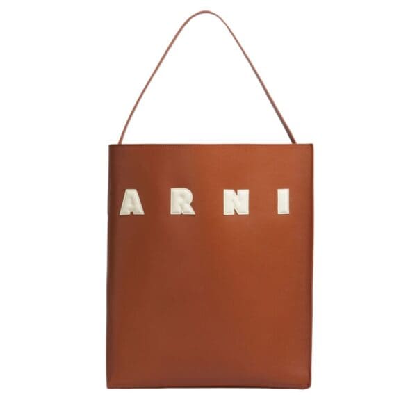 MARNI BROWN AND WHITE LEATHER MUSEO HOBO BAG WITH PATCHES