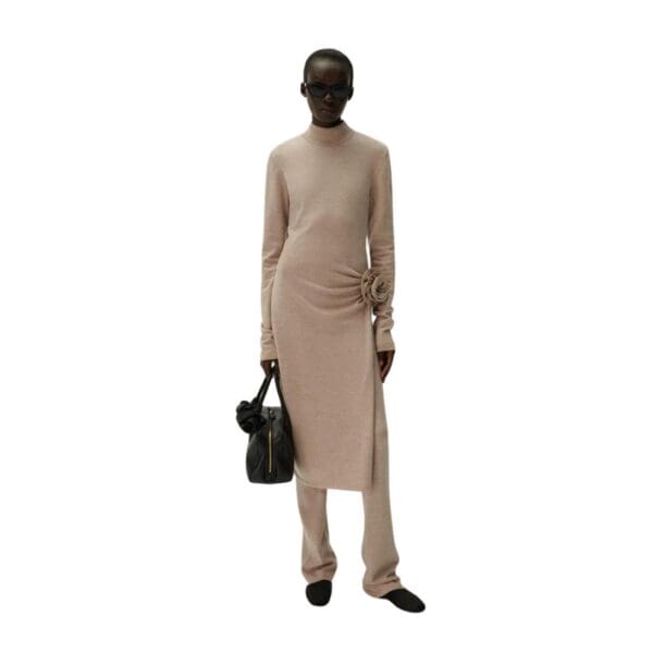MAGDA BUTRYM HIGH NECK KNIT MIDI DRESS IN BEIGE