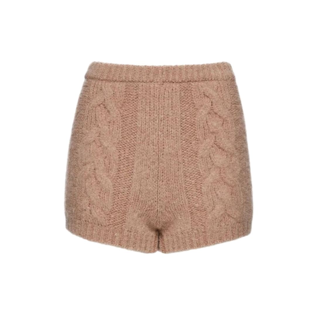 MAGDA BUTRYM MOHAIR CABLE KNIT MINI SHORTS IN CARAMEL