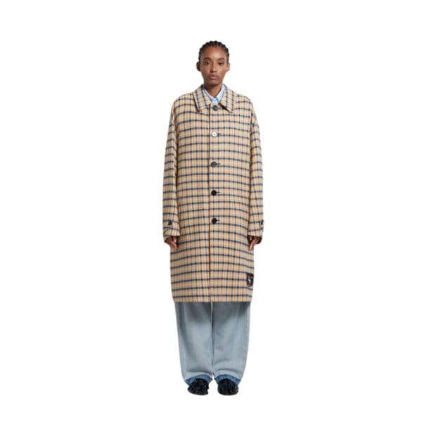 MARNI BLUE AND YELLOW CHECKED WOOL REVERSIBLE COAT