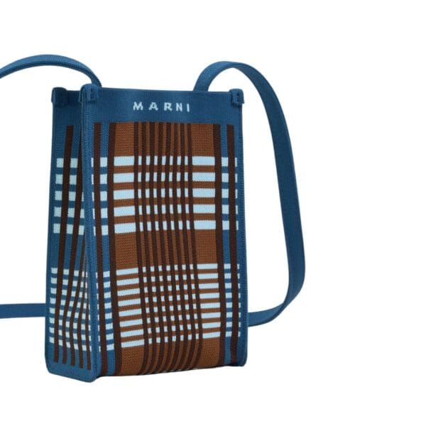MARNI BLUE AND BROWN JACQUARD CHECK MINI SHOULDER BAG
