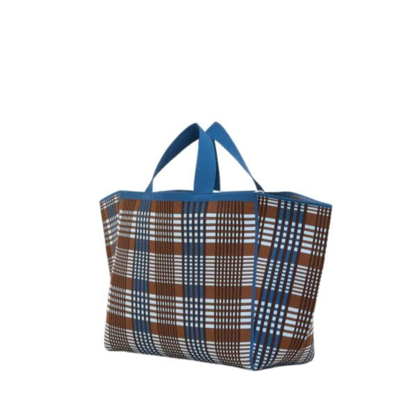MARNI BLUE AND BROWN JACQUARD CHECK SILLO MEDIUM SHOPPER