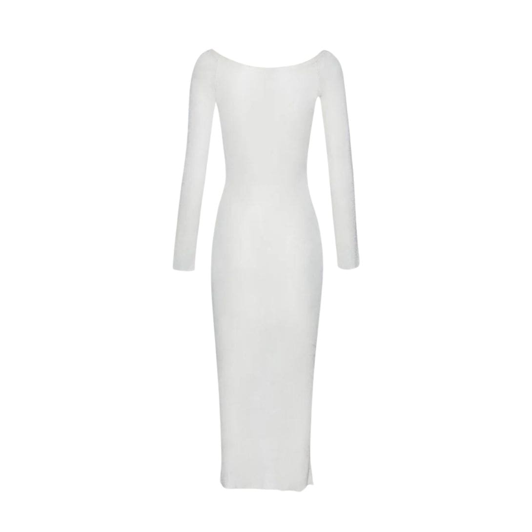 MAGDA BUTRYM OFF SHOULDER LONG SLEEVE KNIT MIDI DRESS IN CREAM