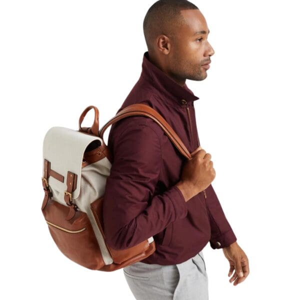 BRUNELLO CUCINELLI COTTON AND LINEN CAVALRY AND CALFSKIN CITY BACKPACK