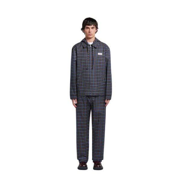 MARNI BLUE CHECKED WOOL AND COTTON OVERSHIRT