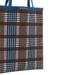 MARNI BLUE AND BROWN JACQUARD CHECK FLAT TOTE BAG